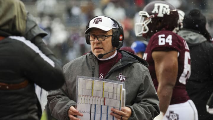 Nov 19, 2022; College Station, Texas, USA; Texas A&M Aggies head coach Jimbo Fisher on the sideline before the game against the Massachusetts Minutemen at Kyle Field. Mandatory Credit: Troy Taormina-USA TODAY Sports