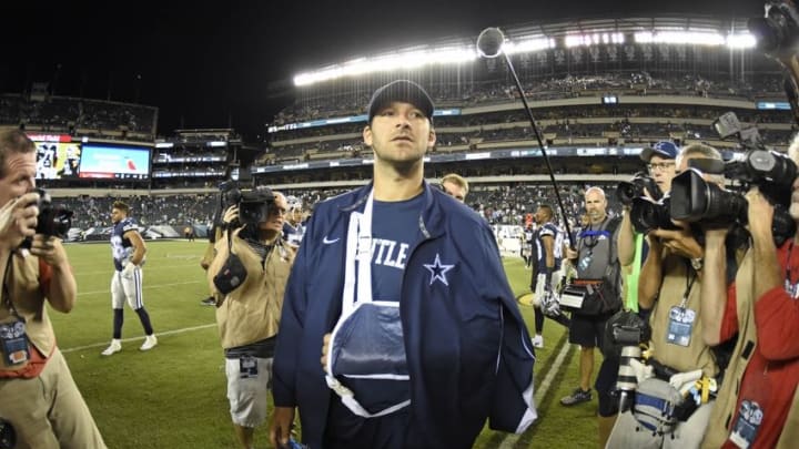 Sep 20, 2015; Philadelphia, PA, USA; Dallas Cowboys quarterback Tony Romo (9) on the field after game against the Philadelphia Eagles during the second half at Lincoln Financial Field. Romo left the game with an injury. The Cowboys defeated the Eagles, 20-10. Mandatory Credit: Eric Hartline-USA TODAY Sports