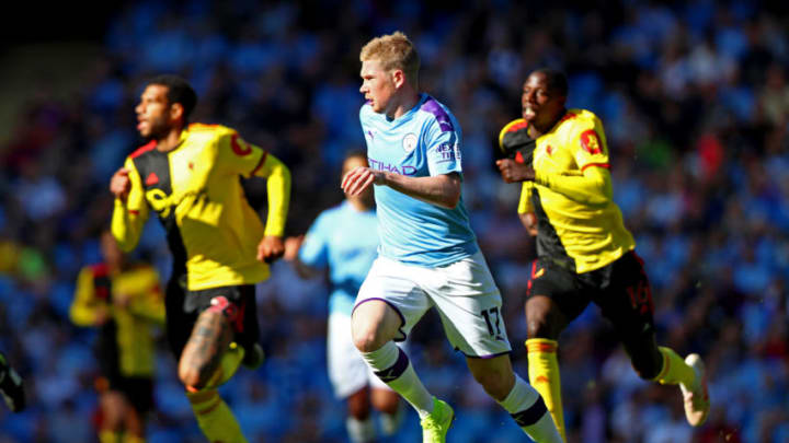 MANCHESTER, ENGLAND - SEPTEMBER 21: Kevin De Bruyne of Manchester City runs with the ball during the Premier League match between Manchester City and Watford FC at Etihad Stadium on September 21, 2019 in Manchester, United Kingdom. (Photo by Chloe Knott - Danehouse/Getty Images)