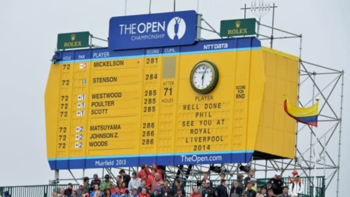 July 21, 2013; Gullane, United Kingdom; View of the leader board during the 2013 The Open Championship trophy at Muirfield Golf Club. Mandatory Credit: Leo Mason-USA TODAY Sports