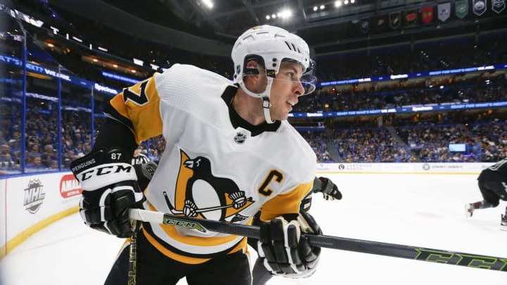 TAMPA, FL – FEBRUARY 09: Pittsburgh Penguins center Sidney Crosby (87) skates during the NHL game between the Pittsburg Penguins and Tampa Bay Lightning on February 09, 2019 at Amalie Arena in Tampa, FL. (Photo by Mark LoMoglio/Icon Sportswire via Getty Images)