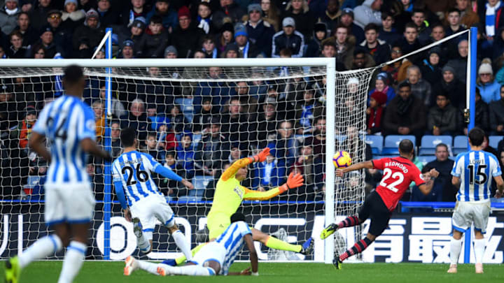HUDDERSFIELD, ENGLAND - DECEMBER 22: Nathan Redmond of Southampton scores his team's first goal during the Premier League match between Huddersfield Town and Southampton FC at John Smith's Stadium on December 22, 2018 in Huddersfield, United Kingdom. (Photo by Nathan Stirk/Getty Images)