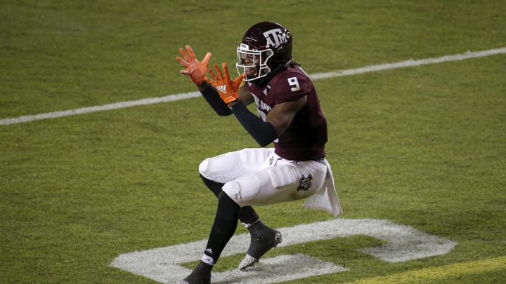 COLLEGE STATION, TEXAS – OCTOBER 31: Leon O’Neal Jr. #9 of the Texas A&M Aggies reacts in the second half against the Arkansas Razorbacks at Kyle Field on October 31, 2020 in College Station, Texas. (Photo by Tim Warner/Getty Images)