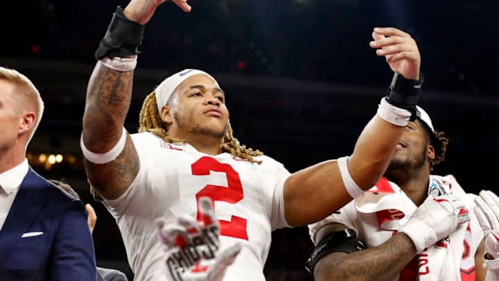 INDIANAPOLIS, INDIANA - DECEMBER 07: Chase Young #02 of the Ohio State Buckeyes on the post game stage after winning the Big Ten Championship game over the Wisconsin Badgers at Lucas Oil Stadium on December 07, 2019 in Indianapolis, Indiana. (Photo by Justin Casterline/Getty Images)