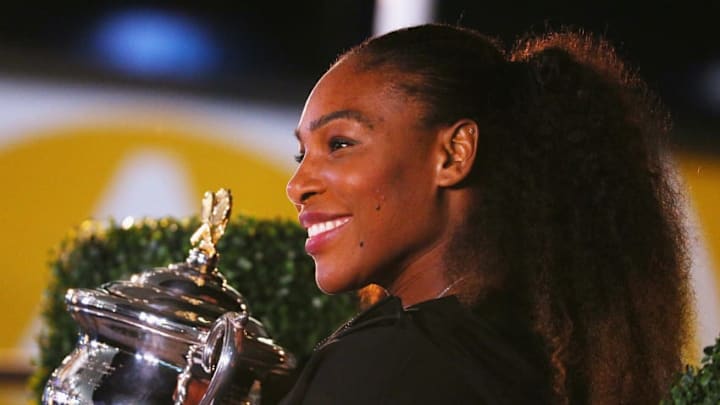MELBOURNE, AUSTRALIA - JANUARY 28: Serena Williams of the United States poses with the Daphne Akhurst Memorial Cup after winning the 2017 Women's Singles Australian Open Championship at Melbourne Park on January 28, 2017 in Melbourne, Australia. (Photo by Michael Dodge/Getty Images)