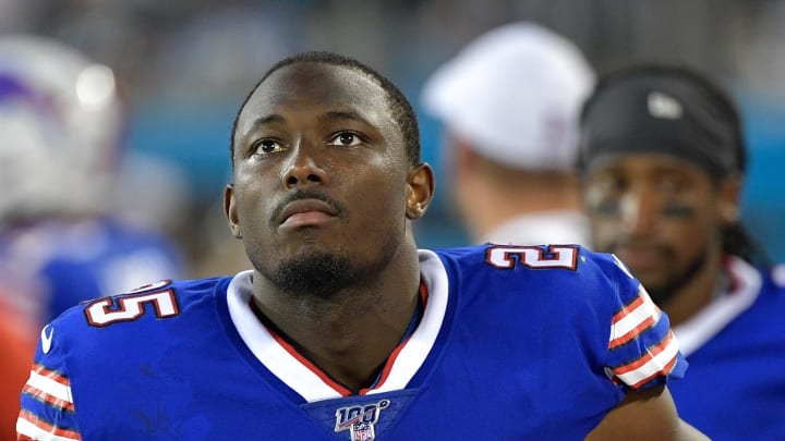 CHARLOTTE, NORTH CAROLINA – AUGUST 16: LeSean McCoy #25 of the Buffalo Bills checks the scoreboard during the second quarter of their preseason game against the Carolina Panthers at Bank of America Stadium on August 16, 2019 in Charlotte, North Carolina. (Photo by Grant Halverson/Getty Images)