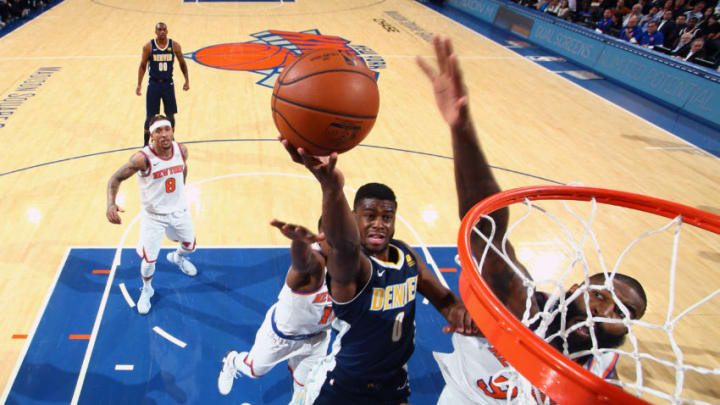 NEW YORK, NY - OCTOBER 30: Emmanuel Mudiay #0 of the Denver Nuggets goes to the basket against the New York Knicks on October 30, 2017 at Madison Square Garden in New York City, New York. Copyright 2017 NBAE (Photo by Nathaniel S. Butler/NBAE via Getty Images)