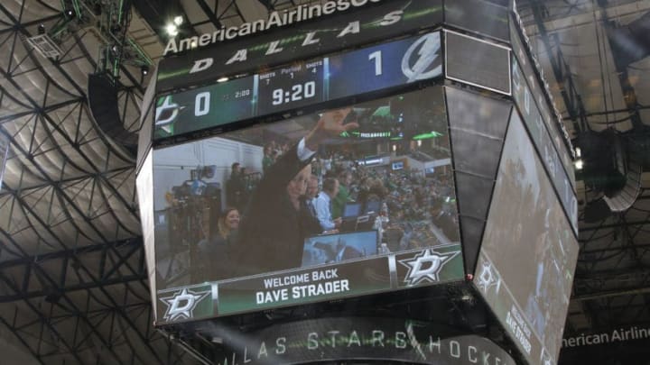 DALLAS, TX - FEBRUARY 18: Dave Strader, Dallas Stars play-by-play announcer waves to fans as he returns to call his first game of the season after battling health issues against the Tampa Bay Lightning at the American Airlines Center on February 18, 2017 in Dallas, Texas. (Photo by Glenn James/NHLI via Getty Images)