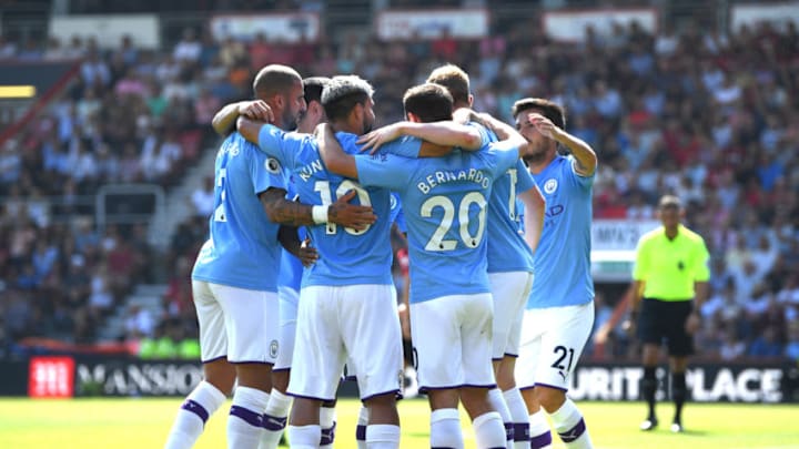 BOURNEMOUTH, ENGLAND - AUGUST 25: Sergio Aguero of Manchester City (10) celebrates after scoring his team's first goal with team mates during the Premier League match between AFC Bournemouth and Manchester City at Vitality Stadium on August 25, 2019 in Bournemouth, United Kingdom. (Photo by Shaun Botterill/Getty Images)