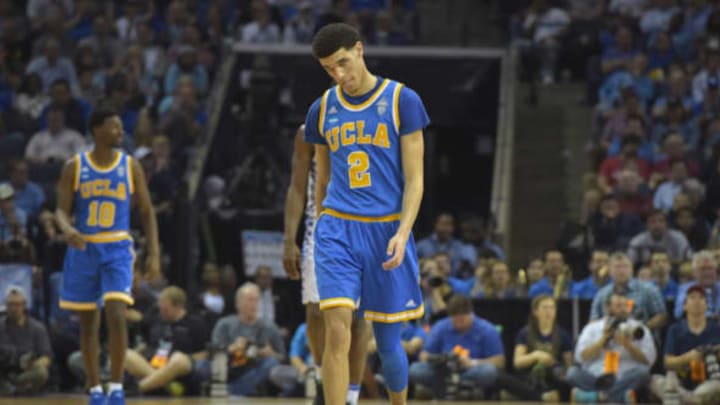 Mar 24, 2017; Memphis, TN, USA; UCLA Bruins guard Lonzo Ball (2) reacts as he walks back up court against the Kentucky Wildcats in the second half during the semifinals of the South Regional of the 2017 NCAA Tournament at FedExForum. Mandatory Credit: Justin Ford-USA TODAY Sports
