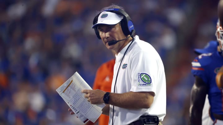 Sep 25, 2021; Gainesville, Florida, USA; Florida Gators head coach Dan Mullen reacts during the first quarter against the Tennessee Volunteers at Ben Hill Griffin Stadium. Mandatory Credit: Kim Klement-USA TODAY Sports