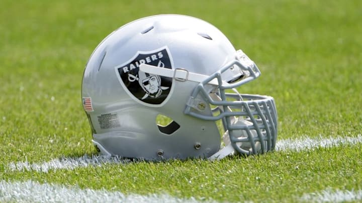 Jun 9, 2015; Oakland, CA, USA; Oakland Raiders helmet of defensive end Justin Tuck (not pictured) at minicamp at the Raiders practice facility. Mandatory Credit: Kirby Lee-USA TODAY Sports