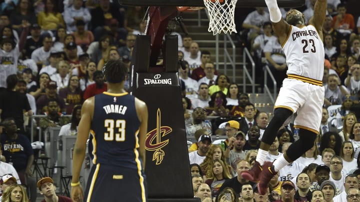 Apr 15, 2017; Cleveland, OH, USA; Cleveland Cavaliers forward LeBron James (23) dunks in the second quarter against the Indiana Pacers in game one of the first round of the 2017 NBA Playoffs at Quicken Loans Arena. Mandatory Credit: David Richard-USA TODAY Sports