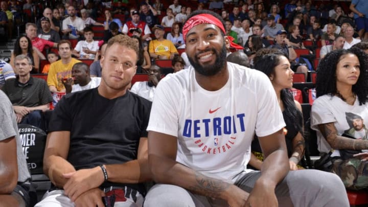 LAS VEGAS, NV - JULY 9: Blake Griffin #23 and Andre Drummond #0 of the Detroit Pistons during the game against the New Orleans Pelicans during the 2018 Las Vegas Summer League on July 9, 2018 at the Cox Pavilion in Las Vegas, Nevada. NOTE TO USER: User expressly acknowledges and agrees that, by downloading and/or using this photograph, user is consenting to the terms and conditions of the Getty Images License Agreement. Mandatory Copyright Notice: Copyright 2018 NBAE (Photo by David Dow/NBAE via Getty Images)