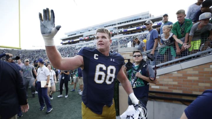 SOUTH BEND, IN - SEPTEMBER 02: Mike McGlinchey #68 of the Notre Dame Fighting Irish looks on after a game against the Temple Owls at Notre Dame Stadium on September 2, 2017 in South Bend, Indiana. The Irish won 49-16. (Photo by Joe Robbins/Getty Images)