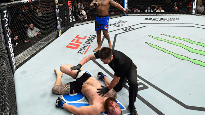 HALIFAX, NS - FEBRUARY 19: Derrick Lewis (top) celebrates after defeating Travis Browne in their heavyweight fight during the UFC Fight Night event inside the Scotiabank Centre on February 19, 2017 in Halifax, Nova Scotia, Canada. (Photo by Josh Hedges/Zuffa LLC/Zuffa LLC via Getty Images)