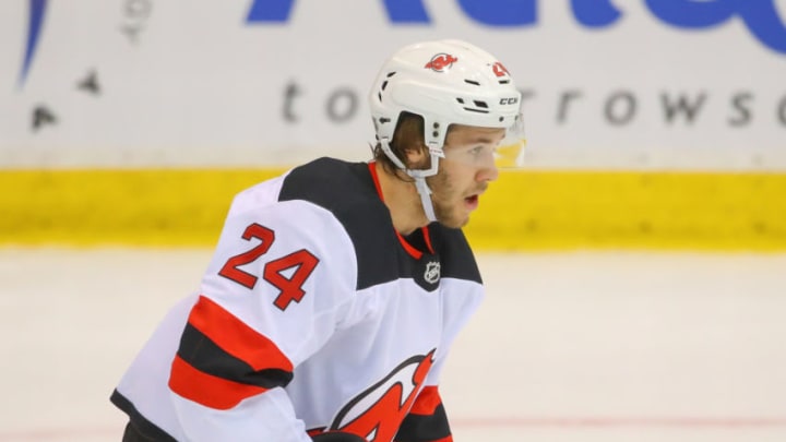 NEWARK, NJ - JULY 14: New Jersey Devils defenseman Ty Smith (24) Skates during the New Jersey Devils Development Camp Red and White Scrimmage on July13, 2019 at the Prudential Center in Newark, NJ. (Photo by Rich Graessle/Icon Sportswire via Getty Images)