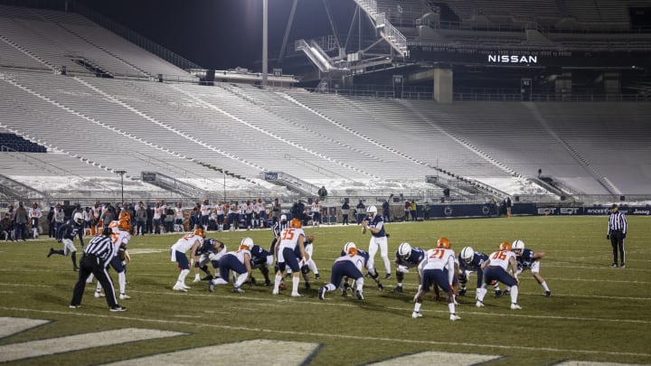 STATE COLLEGE, PA – DECEMBER 19: A general view of the snow covered stadium as Will Levis #7 of the Penn State Nittany Lions prepares to put the ball in play against the Illinois Fighting Illini during the second half at Beaver Stadium on December 19, 2020 in State College, Pennsylvania. (Photo by Scott Taetsch/Getty Images)