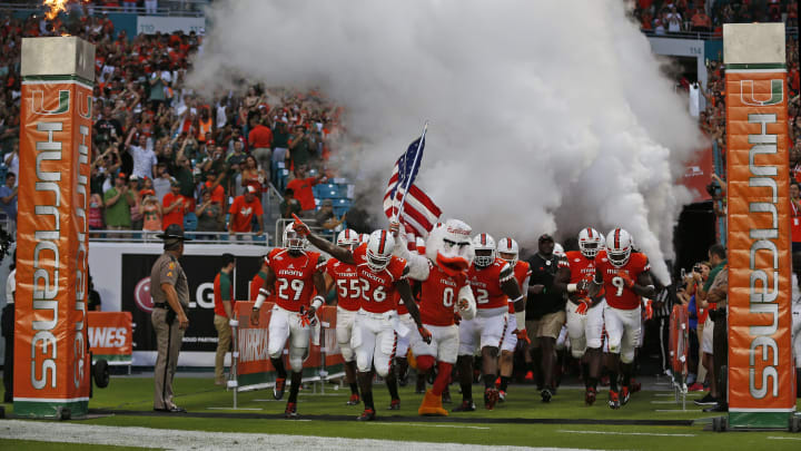 MIAMI GARDENS, FL – SEPTEMBER 3: Sebastian the Ibis leads the Miami Hurricanes onto the field for their game against the Florida A&M Rattlers on September 3, 2016 at Hard Rock Stadium in Miami Gardens, Florida. The Hurricanes defeated the Rattlers 70-3. (Photo by Joel Auerbach/Getty Images)