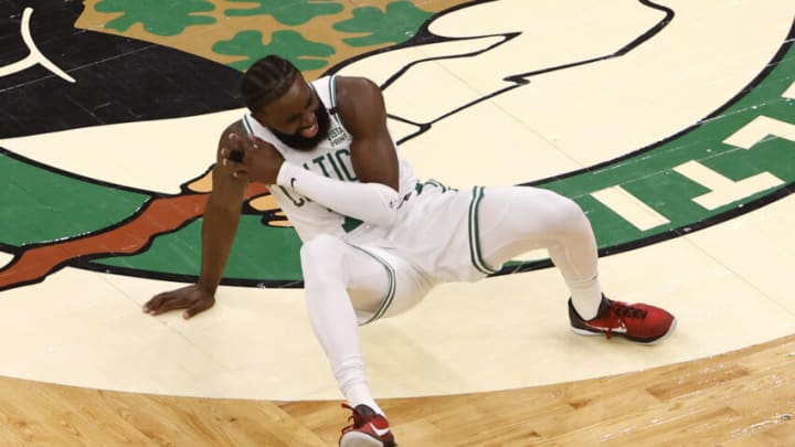 Jaylen Brown #7 of the Boston Celtics reacts after a screen by Draymond Green #23 in the first quarter during Game Four of the 2022 NBA Finals at TD Garden on June 10, 2022 in Boston, Massachusetts.(Photo by Winslow Townson/Getty Images)
