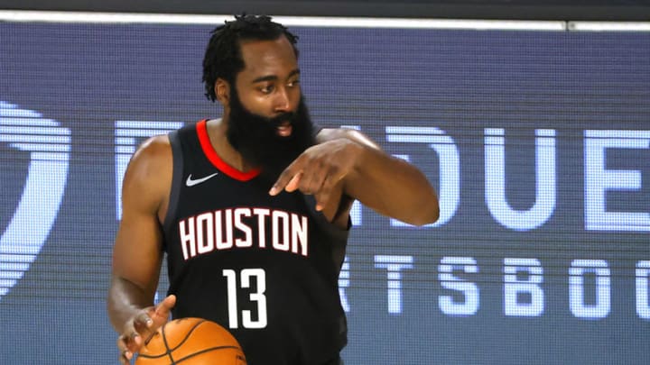 LAKE BUENA VISTA, FLORIDA - AUGUST 29: James Harden #13 of the Houston Rockets sets up a play against the Oklahoma City Thunder during the third quarter in Game Five of the Western Conference First Round during the 2020 NBA Playoffs at the Field House at ESPN Wide World Of Sports Complex on August 29, 2020 in Lake Buena Vista, Florida. NOTE TO USER: User expressly acknowledges and agrees that, by downloading and or using this photograph, User is consenting to the terms and conditions of the Getty Images License Agreement. (Photo by Kevin C. Cox/Getty Images)