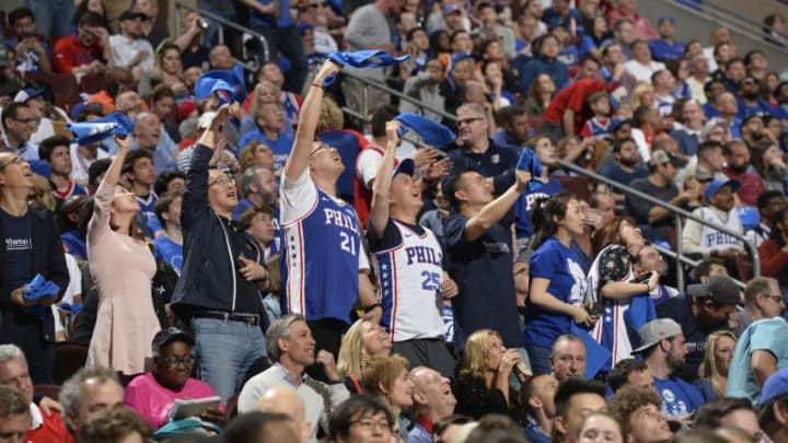 PHILADELPHIA, PA - May 5: Fans react during game between Boston Celtics and Philadelphia 76ers during Game Three of the Eastern Conference Semi Finals of the 2018 NBA Playoffs on May 5, 2018 in Philadelphia, Pennsylvania NOTE TO USER: User expressly acknowledges and agrees that, by downloading and/or using this Photograph, user is consenting to the terms and conditions of the Getty Images License Agreement. Mandatory Copyright Notice: Copyright 2018 NBAE (Photo by David Dow/NBAE via Getty Images)