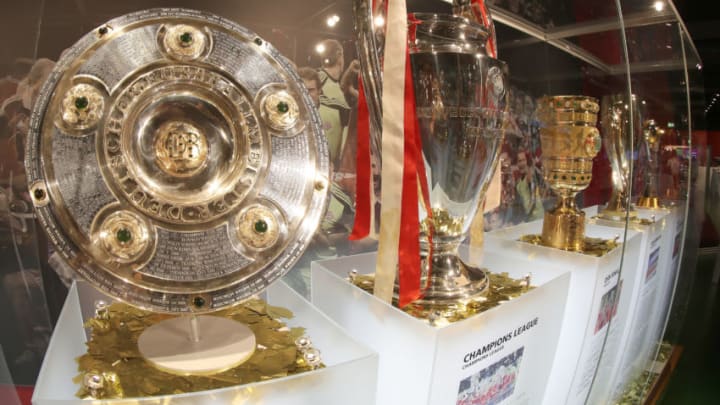 MUNICH, GERMANY – MAY 09: Picture shows the German Championship trophy, Champions League trophy, and German Cup trophy the team of FC Bayern Muenchen won in the 2013 season at the FC Bayern Erlebniswelt museum on May 10, 2019, in Munich, Germany. (Photo by Alexandra Beier/Getty Images)