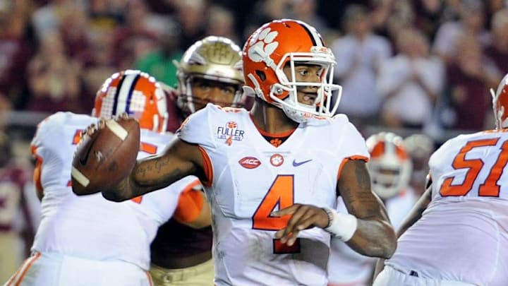 Oct 29, 2016; Tallahassee, FL, USA; Clemson Tigers quarterback Deshaun Watson (4) looks to throw the ball during the game against the Florida State Seminoles at Doak Campbell Stadium. Mandatory Credit: Melina Vastola-USA TODAY Sports Oct 29, 2016; Tallahassee, FL, USA; Clemson Tigers quarterback Deshaun Watson (4) looks to throw the ball during the game against the Florida State Seminoles at Doak Campbell Stadium. Mandatory Credit: Melina Vastola-USA TODAY Sports