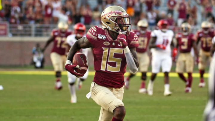 Sep 21, 2019; Tallahassee, FL, USA; Florida State Seminoles wide receiver Tamorrion Terry (15) runs for a touchdown against the Louisville Cardinals during the second half at Doak Campbell Stadium. Mandatory Credit: Melina Myers-USA TODAY Sports