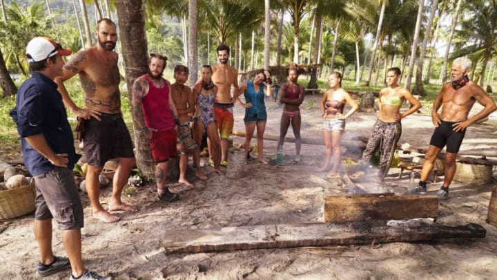 PREAH SIHANOUK CITY - APRIL 28: 'It's Merge Time' -- Jeff Probst talks with Scot Pollard, Kyle Jason, Tai Trang, Debbie Wanner, Nick Maiorano, Aubry Bracco, Cydney Gillon, Julia Sokolowski, Michele Fitzgerald and Joseph Del Cmapo during the seventh episode of SURVIVOR KAOH: RONG -- Brains vs. Brawn vs. Beauty. The show airs, Wednesday, March 30 (8:00-9:00 PM, ET/PT) on the CBS Television Network. (Photo by Robert Voets/CBS via Getty Images)