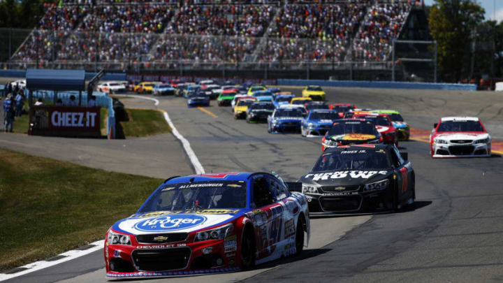 WATKINS GLEN, NY - AUGUST 09: AJ Allmendinger, driver of the #47 Kroger/Bush's Beans Chevrolet, leads the field at the start of the NASCAR Sprint Cup Series Cheez-It 355 at the Glen at Watkins Glen International on August 9, 2015 in Watkins Glen, New York. (Photo by Todd Warshaw/Getty Images)