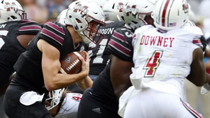 STARKVILLE, MS – NOVEMBER 4: Nick Fitzgerald #7 of the Mississippi State Bulldogs carries the ball during the second half of an NCAA football game against the Massachusetts Minutemen at Davis Wade Stadium on November 4, 2017 in Starkville, Mississippi. (Photo by Butch Dill/Getty Images)