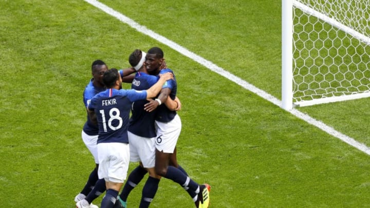 KAZAN, RUSSIA - JUNE 16: Paul Pogba of France celebrates after scoring his side's second goal with teammates during the 2018 FIFA World Cup Russia group C match between France and Australia at Kazan Arena on June 16, 2018 in Kazan, Russia. (Photo by Kevin C. Cox/Getty Images)
