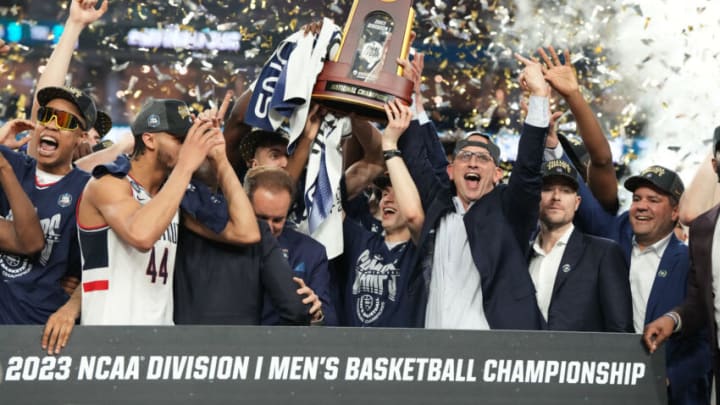 HOUSTON, TEXAS - APRIL 03: The Connecticut Huskies celebrates winning the NCAA Men's Basketball Tournament Final Four championship game against the San Diego State Aztecs at NRG Stadium on April 03, 2023 in Houston, Texas. (Photo by Mitchell Layton/Getty Images)