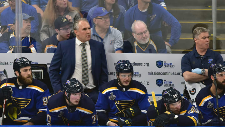 ST. LOUIS, MO – JUN 09: Blues head coach Craig Berube watches his team play during Game 6 of the Stanley Cup Final between the Boston Bruins and the St. Louis Blues, on June 09, 2019, at Enterprise Center, St. Louis, Mo. (Photo by Keith Gillett/Icon Sportswire via Getty Images)