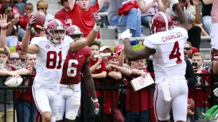 Apr 16, 2016; Tuscaloosa, AL, USA; Alabama Crimson Tide wide receiver Derek Kief (81) reacts after catching a touchdown pass during the annual A-day game at Bryant-Denny Stadium. Mandatory Credit: Marvin Gentry-USA TODAY Sports