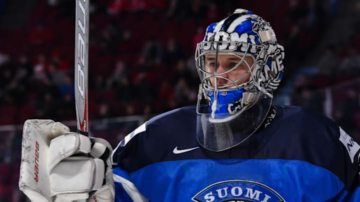 MONTREAL, QC - JANUARY 03: Veini Vehvilainen #31 of Team Finland looks on during the 2017 IIHF World Junior Championship relegation game against Team Latvia at the Bell Centre on January 3, 2017 in Montreal, Quebec, Canada. Team Finland defeated Team Latvia 4-1. (Photo by Minas Panagiotakis/Getty Images)