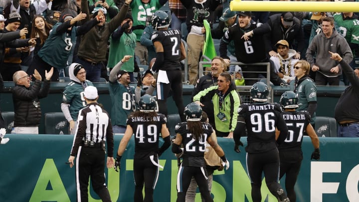 PHILADELPHIA, PENNSYLVANIA – NOVEMBER 21: Darius Slay #2 of the Philadelphia Eagles celebrates an interception returned for a touchdown during the second quarter against the New Orleans Saints at Lincoln Financial Field on November 21, 2021 in Philadelphia, Pennsylvania. (Photo by Tim Nwachukwu/Getty Images)