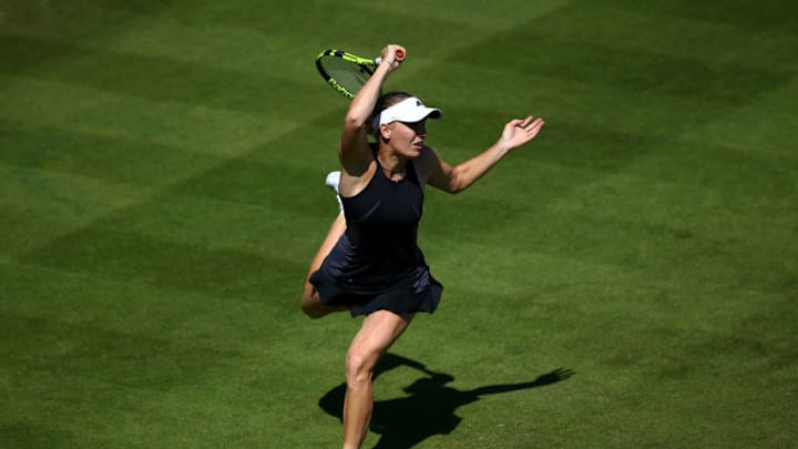 EASTBOURNE, ENGLAND - JUNE 27: Caroline Wozniacki of Denmark in action during her women's singles match against Johanna Konta of Great Britain during Day Six of the Nature Valley International at Devonshire Park on June 27, 2018 in Eastbourne, United Kingdom. (Photo by Charlie Crowhurst/Getty Images for LTA)