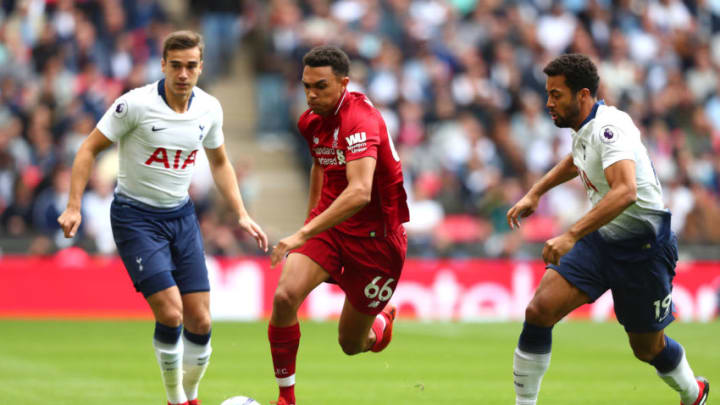 LONDON, ENGLAND - SEPTEMBER 15: Harry Winks and Mousa Dembele of Tottenham Hotspur put pressure on Trent Alexander-Arnold of Liverpool during the Premier League match between Tottenham Hotspur and Liverpool FC at Wembley Stadium on September 15, 2018 in London, United Kingdom. (Photo by Clive Rose/Getty Images)