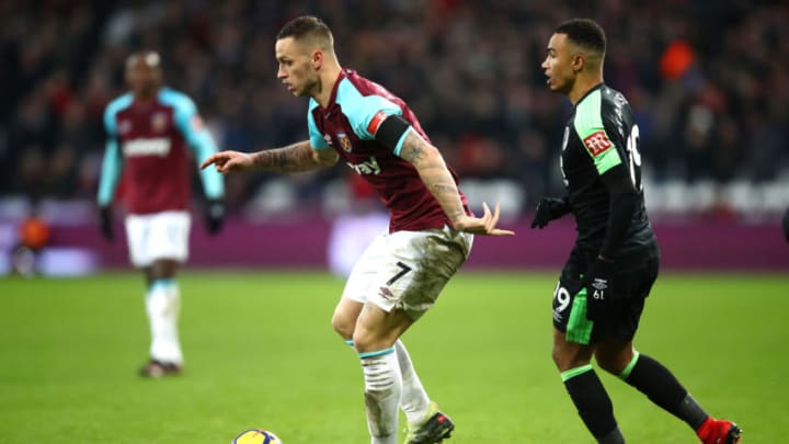 LONDON, ENGLAND - JANUARY 20: Marko Arnautovic of West Ham United and Junior Stanislas of AFC Bournemouth battle for the ball during the Premier League match between West Ham United and AFC Bournemouth at London Stadium on January 20, 2018 in London, England. (Photo by Julian Finney/Getty Images)