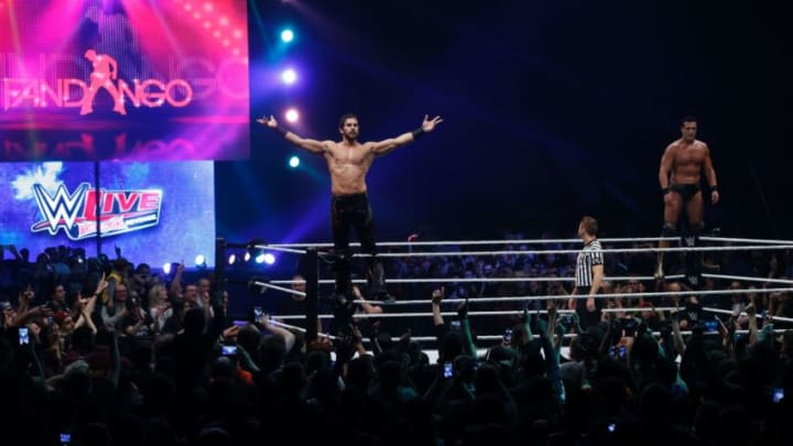 Wrestlers Fandango and Alberto Del Rio fight during a show at the AccorHotels Arena in Paris, as part of the WrestleMania Revenge Tour, the World Wrestling Entertainment (WWE) European tour, on April 22, 2016. / AFP / THOMAS SAMSON (Photo credit should read THOMAS SAMSON/AFP via Getty Images)