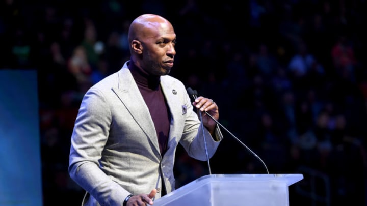 MINNEAPOLIS, MN - FEBRUARY 15: Chauncey Billups honors Flip Saunders during the game between the Minnesota Timberwolves and the Los Angeles Lakers on February 15, 2018 at Target Center in Minneapolis, Minnesota. NOTE TO USER: User expressly acknowledges and agrees that, by downloading and or using this Photograph, user is consenting to the terms and conditions of the Getty Images License Agreement. Mandatory Copyright Notice: Copyright 2018 NBAE (Photo by Bree McGee/NBAE via Getty Images)