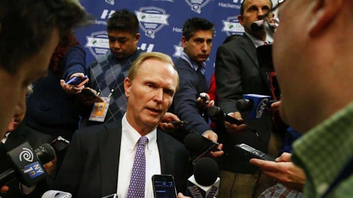 Jan 15, 2016; East Rutherford, NJ, USA; John Mara answers questions from media after introducing Ben McAdoo as new head coach during a press conference at Quest Diagnostics Training Center Auditorium. Mandatory Credit: Noah K. Murray-USA TODAY Sports
