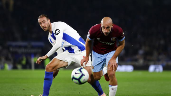 BRIGHTON, ENGLAND - OCTOBER 05: Glenn Murray of Brighton and Hove Albion and Pablo Zabaleta of West Ham United in action during the Premier League match between Brighton & Hove Albion and West Ham United at American Express Community Stadium on October 5, 2018 in Brighton, United Kingdom. (Photo by Bryn Lennon/Getty Images)