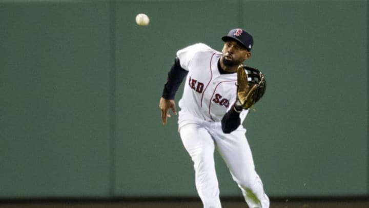 BOSTON, MA – OCTOBER 14: Jackie Bradley Jr. #19 of the Boston Red Sox catches a fly ball during the seventh inning of game two of the American League Championship Series against the Houston Astros on October 14, 2018 at Fenway Park in Boston, Massachusetts. (Photo by Billie Weiss/Boston Red Sox/Getty Images)