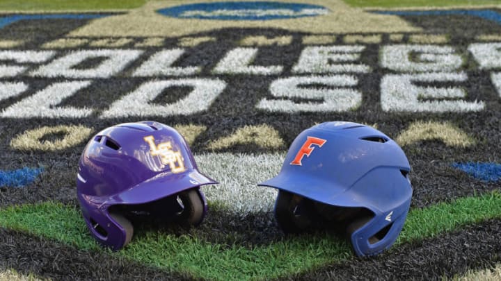 Omaha, NE - JUNE 26: A general view of of a LSU Tigers and the Florida Gators batting helmets, prior game one of the College World Series Championship Series on June 26, 2017 at TD Ameritrade Park in Omaha, Nebraska. (Photo by Peter Aiken/Getty Images)