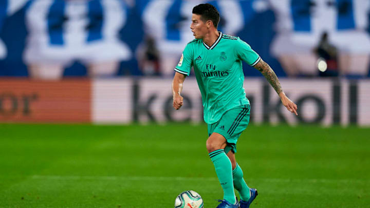 SAN SEBASTIAN, SPAIN - JUNE 21: James Rodriguez of Real Madrid CF with the ball during the Liga match between Real Sociedad and Real Madrid CF at Estadio Anoeta on June 21, 2020 in San Sebastian, Spain. (Photo by Pedro Salado/Quality Sport Images/Getty Images)