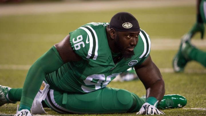 Nov 12, 2015; East Rutherford, NJ, USA; New York Jets defensive end Muhammad Wilkerson (96) stretches before the game against the Buffalo Bills at MetLife Stadium. Mandatory Credit: William Hauser-USA TODAY Sports