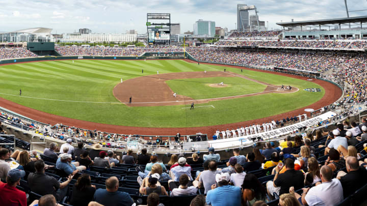 OMAHA, NE – JUNE 25: (EDITORS NOTES: This is a panoramic stitched from separate photos) The opening pitch of the Vanderbilt Commodores vs. the Michigan Wolverines in the 2019 NCAA Baseball Men’s College World Series National Championship at TD Ameritrade Park on June 25, 2019 in Omaha, Nebraska. (Photo by James Blakeway/Blakeway World Panoramas/Getty Images)